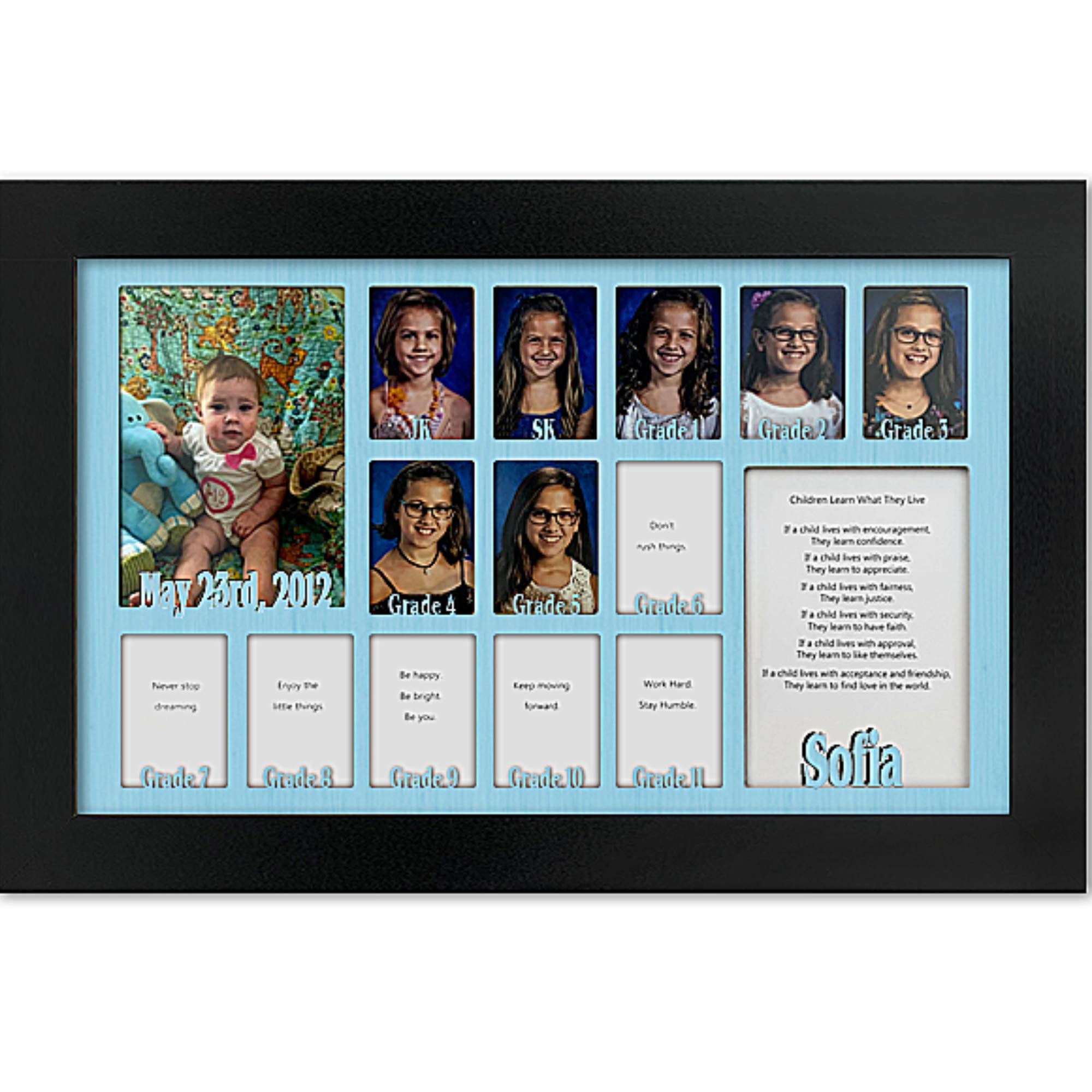 Personalized Northland School Years Photo Frame - Holds Twelve 2.5x3.5 & One 5x7 School Pictures (JK to Graduation) - Custom Name, Aqua Mat, Modern Thick 12x20 Frame - Perfect for Classroom Displays, Graduation Gifts & Family Memory Keeping
