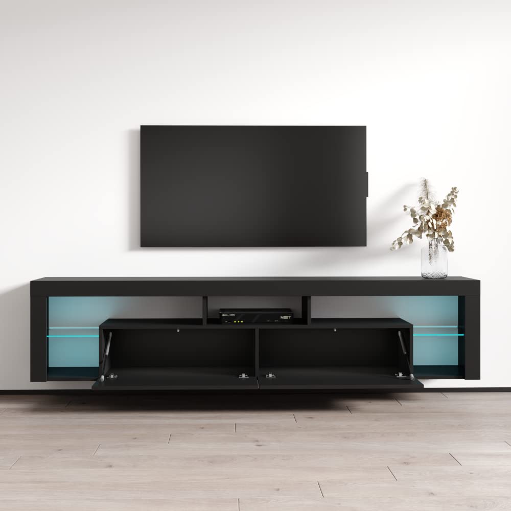 Modern Floating TV Stand Milano 200 - High Gloss Wall Mounted Entertainment Center with LED Lights & Storage Cabinets - Fits TVs Up to 90 Inches - Black - Perfect for Living Room, Bedroom & Home Theater Setup