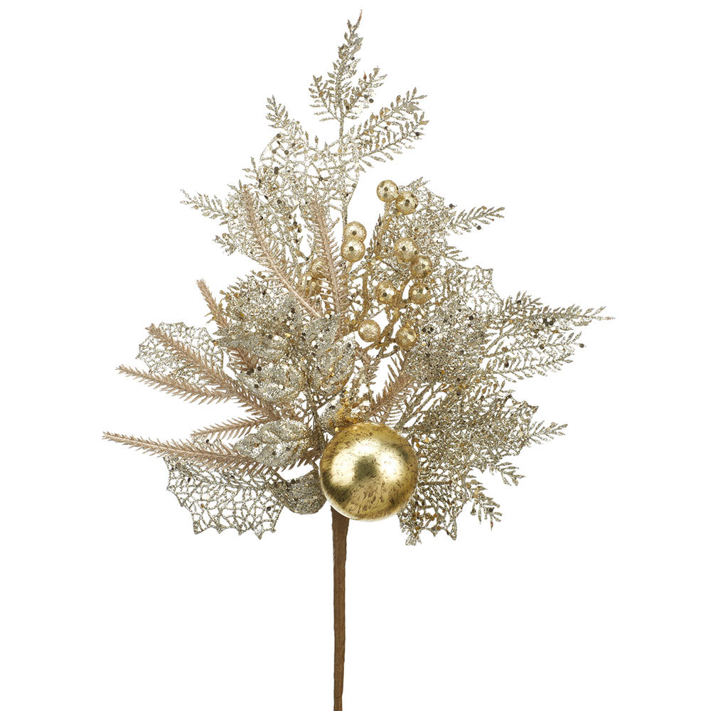 16-Pack Glittered Artificial Christmas Ball, Berry & Pine Stem Picks - Gold/Champagne Decor for Holiday Tree, Wreath, and Centerpiece Arrangements