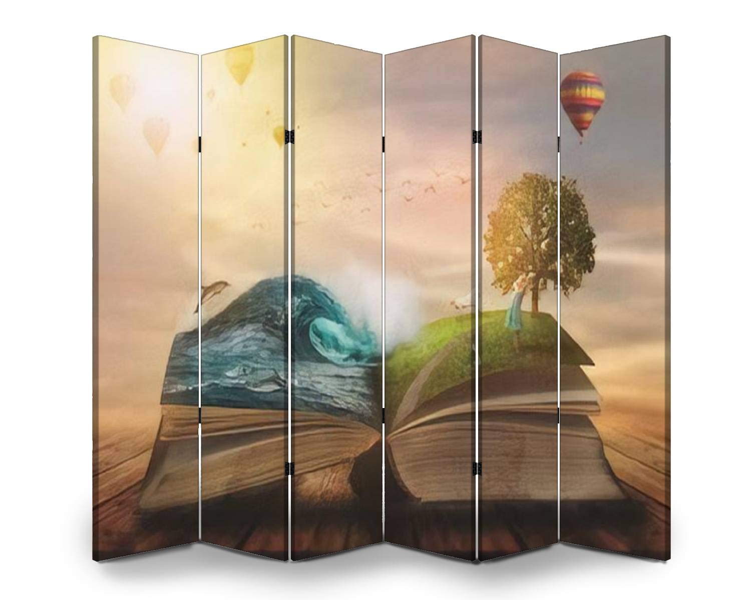 6-Panel Freestanding Room Divider - Magic Book Design with Water & Land Scenes | Indoor/Outdoor Privacy Screen, Space Partition for Home, Office, Garden, and Events