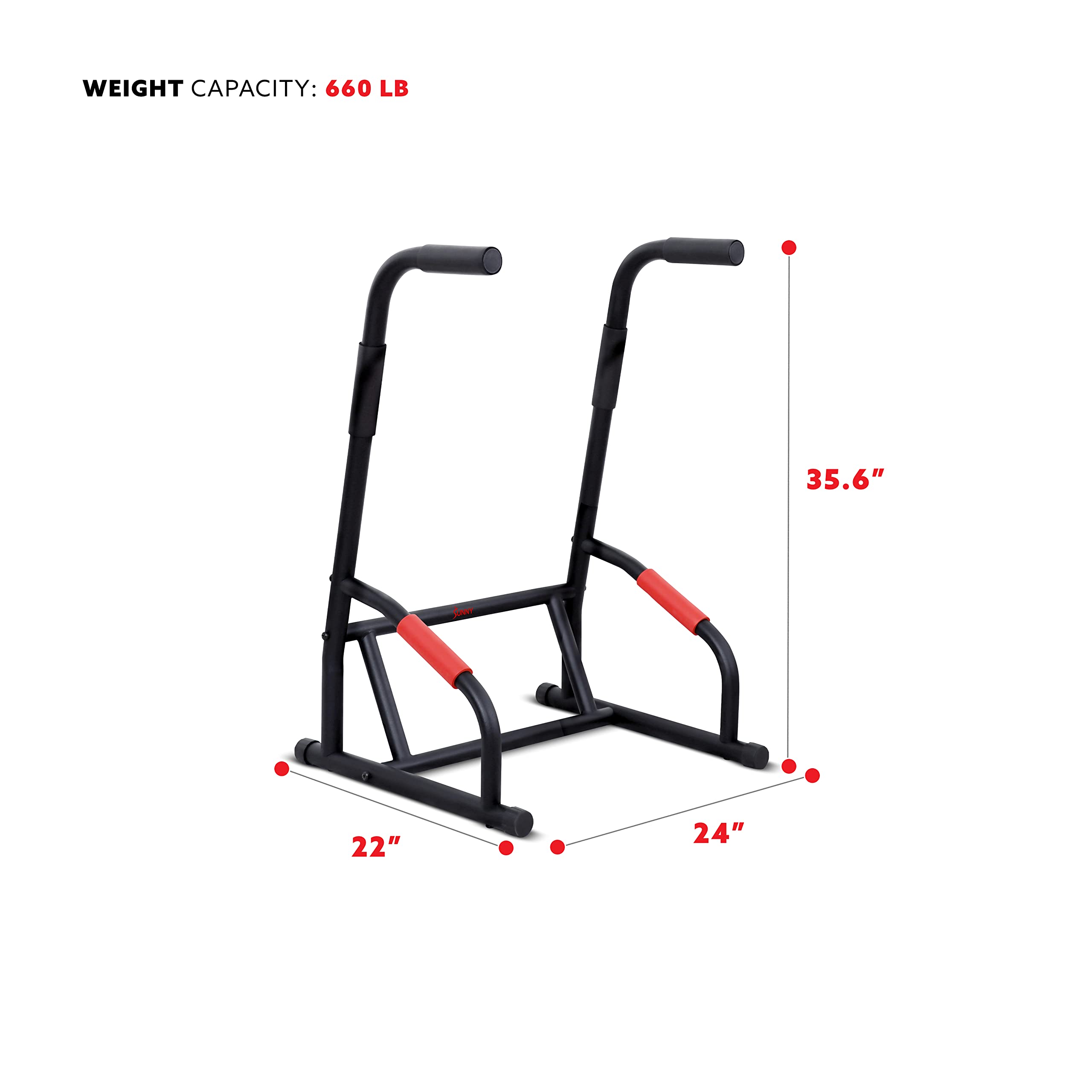 Sunny Health & Fitness Power Tower - Adjustable Dip Bar, Push Up & Pull Up Station with Parallette Bars | Home Gym Equipment for Strength Training & Rock Climbing Grip Workouts | Perfect for Garage, Basement & Home Workouts