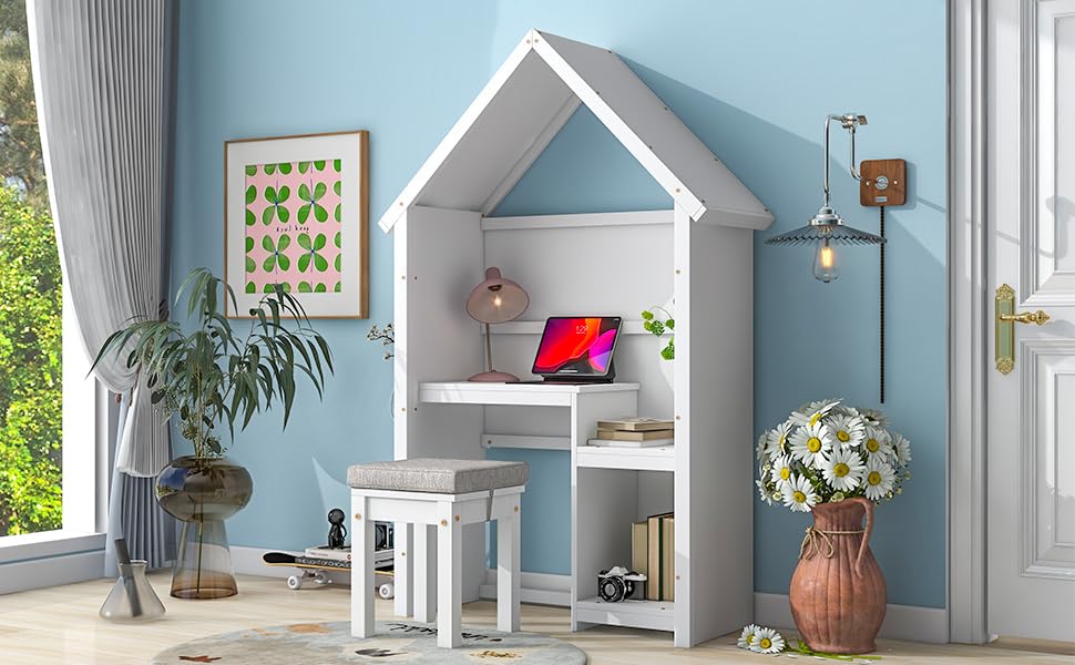 Dolonm Kids Desk and Chair Set - Wooden Study Desk with Detachable Cushion Stool & Storage Shelf, House-Shaped Design for Bedroom - Perfect for Homework, Drawing & Learning Activities (Ages 3+, White)