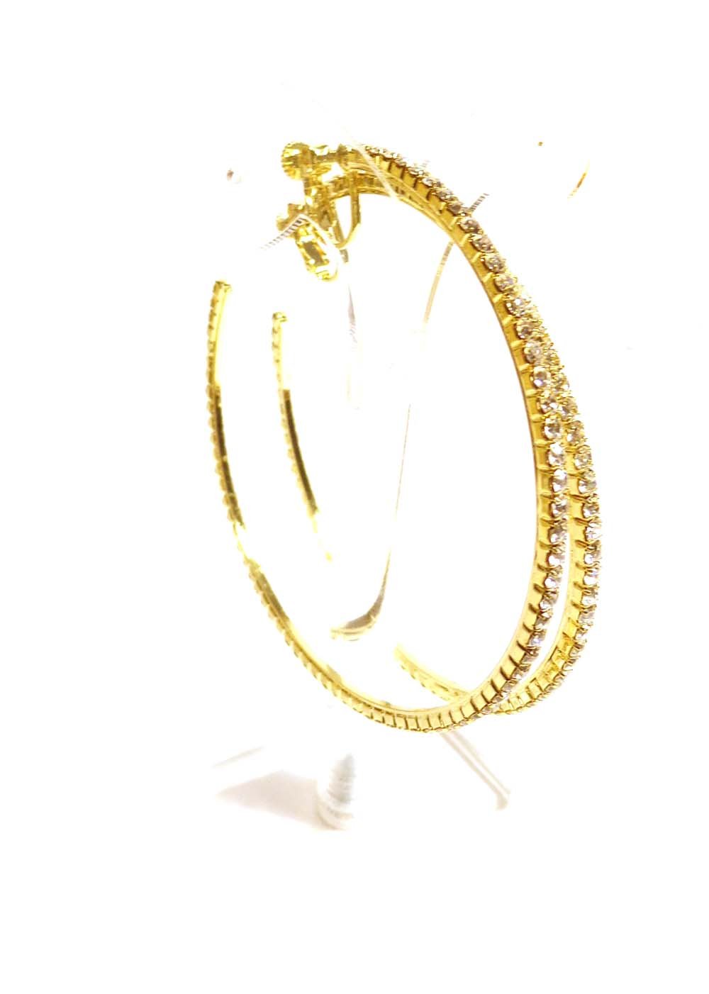 Gold Tone Crystal Clip-on Hoop Earrings for Non-Pierced Ears – 2.75 Inch Fashion Jewelry for Women, Perfect for Parties, Weddings & Everyday Wear