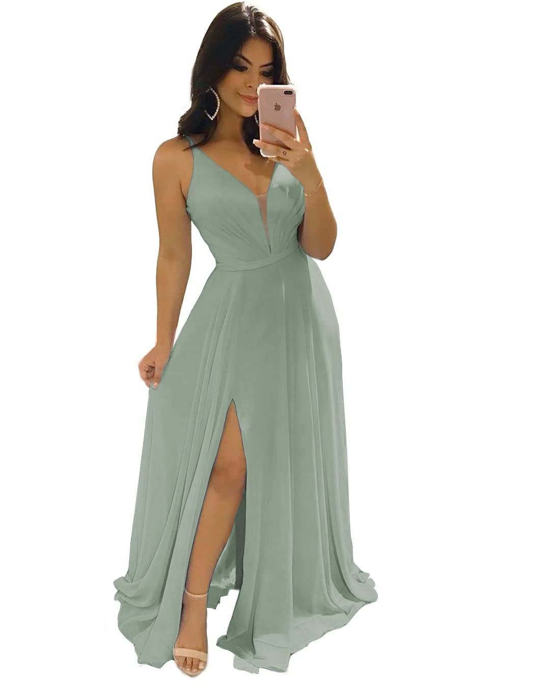 Elegant A-Line Long Chiffon V-Neck Bridesmaid Dresses with Slit - Women's Formal Evening Gown for Weddings, Parties & Special Occasions