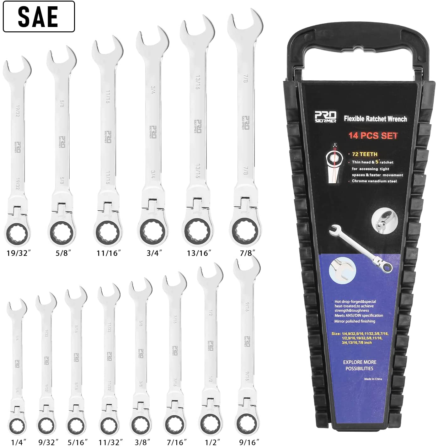 PROSOTRMER 14-Piece Ratcheting Wrench Set - SAE 1/4” to 7/8” - Professional Mechanics Tool Kit for Automotive Repair, Plumbing & DIY Home Projects