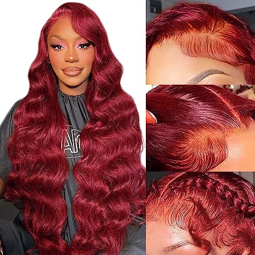 24 Inch Burgundy 13x4 Lace Front Wig Human Hair - 99J Body Wave Pre Plucked with Baby Hair - 180% Density for Black Women - Perfect for Parties, Weddings & Daily Wear - Includes 5 Free Gifts