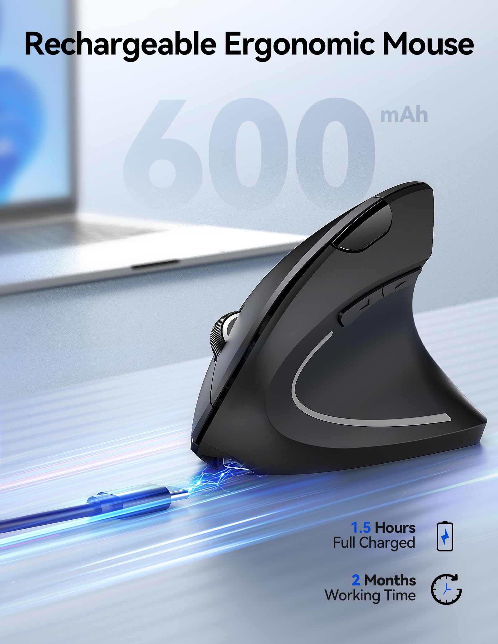 TECKNET Wireless Ergonomic Mouse - Rechargeable Vertical Mouse for Right Hand, Silent Click, 4800 DPI Adjustable, 2.4GHz USB for Laptop, Computer, MacBook & Desktop - Perfect for Office Work, Gaming & Reducing Carpal Tunnel Pain