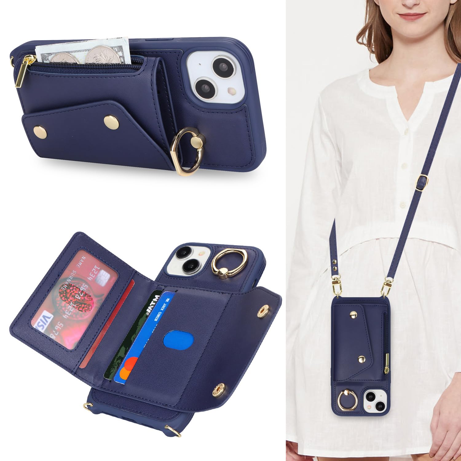 Premium iPhone 15 Wallet Case with Card Holder & Adjustable Crossbody Strap - Zipper Pocket, Stand Ring, 6.1 Inch Protective Phone Cover for Women (Dark Blue) - Perfect for Travel, Shopping & Everyday Use