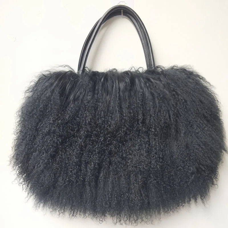 Genuine Mongolia Lamb Fur Handbag for Women - Natural Long Hair Fur Shoulder Bag - Elegant Tote Purse for Casual & Winter Fashion - Perfect for Daily Use, Office, and Special Occasions