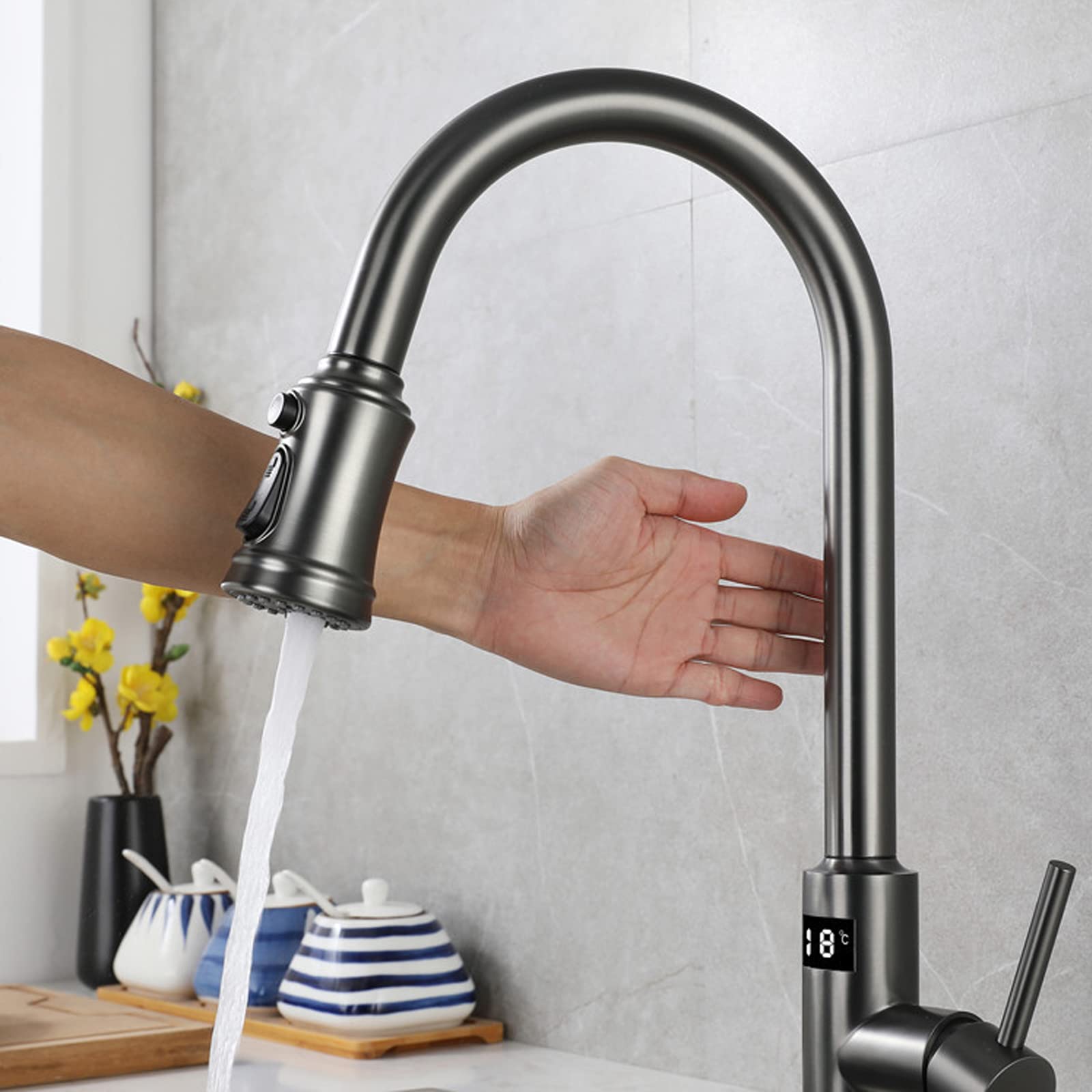 Smart LED Digital Display Touch Kitchen Faucet with Pull Down Sprayer - Single Handle Stainless Steel Sink Faucet for Modern Kitchens | Perfect for Cooking, Washing Dishes & Home Renovation