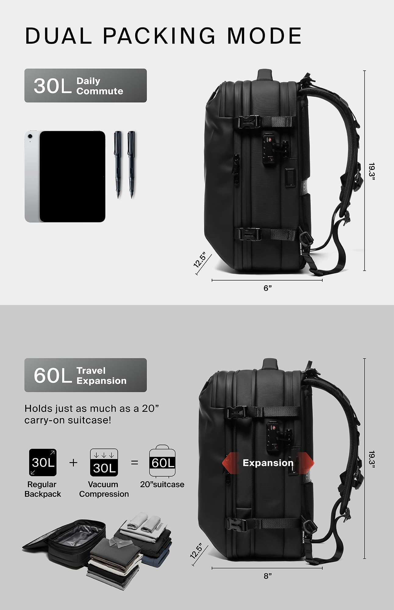 60L Expandable Vacuum Seal Compression Travel Backpack with Electric Air Pump - Water Resistant & TSA Lock (Zephyr Black, 25L-60L) | Perfect for Air Travel, Camping & Space-Saving Storage