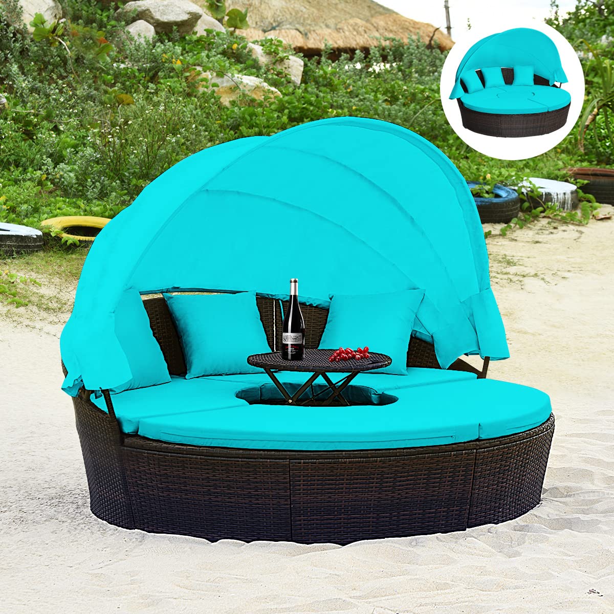 Tangkula Patio Round Daybed with Retractable Canopy - Outdoor Wicker Rattan Furniture Set with Cushioned Sectional Sofa & Adjustable Height Coffee Table - Turquoise Rattan Conversation Set for Garden, Poolside & Backyard Relaxation