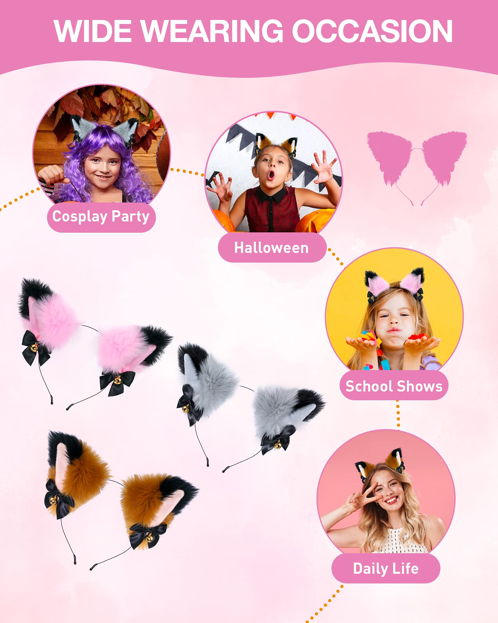 Fox Cat Ears Anime Cosplay Headband - Cute Animal Wolf Headwear with Bells for Halloween Costume, Cosplay Accessories (Pink) - Perfect for Anime Conventions, Halloween Parties, and Themed Events