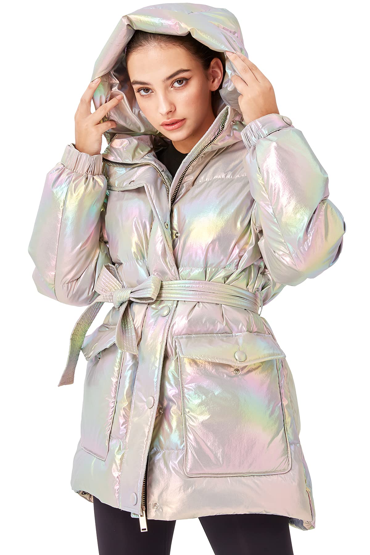 Women's Hooded Goose Down Winter Coat with Adjustable Waist Strap - Warm Puffer Jacket for Cold Weather, Outdoor Activities & Daily Commute