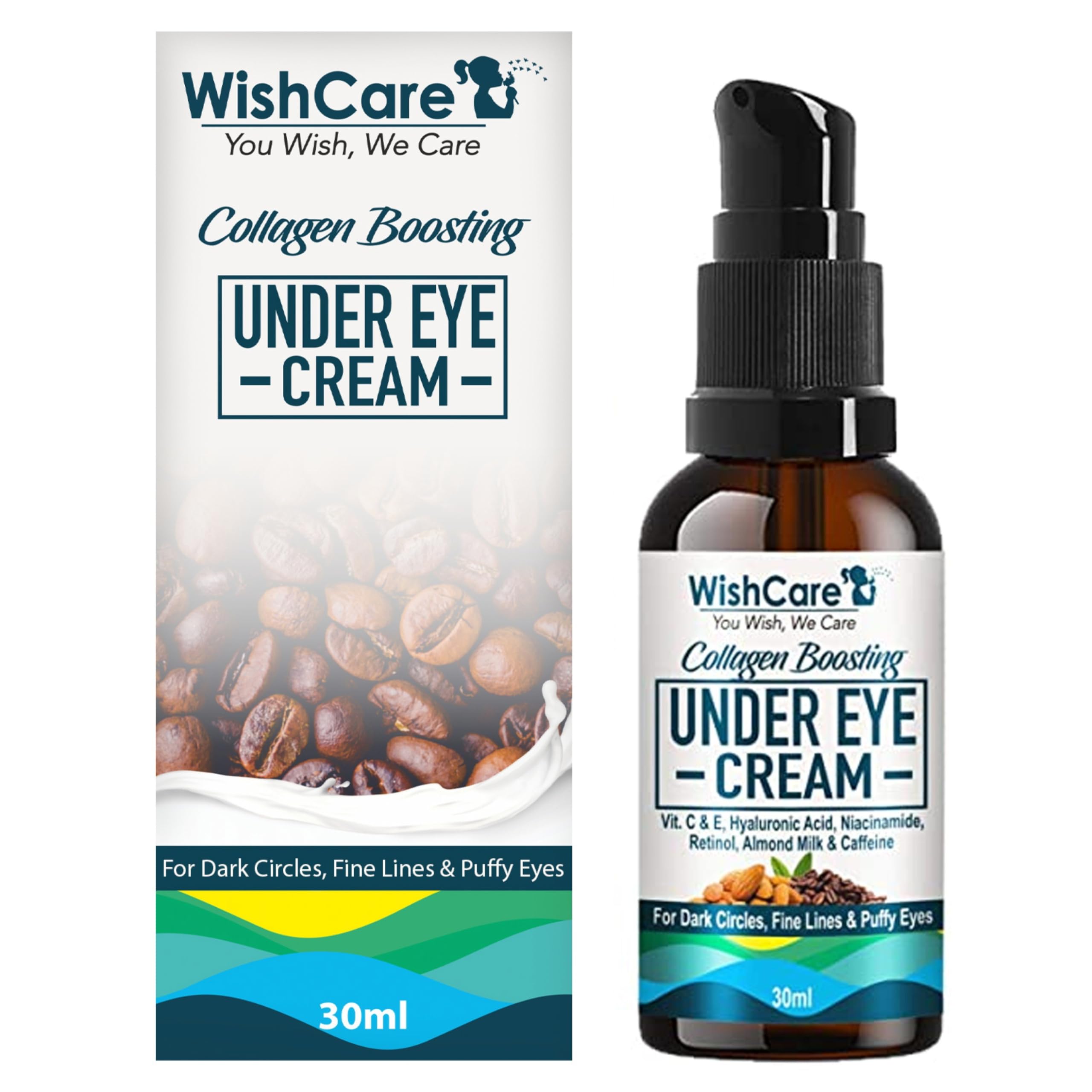 WishCare® Collagen Boosting Under Eye Cream for Dark Circles & Wrinkles - Caffeine, Almond Milk, Vitamin C&E, Hyaluronic Acid & Retinol Enriched - 30ml Eye Treatment for All Skin Types | Reduce Puffiness & Brighten Under Eyes for Day & Night Use