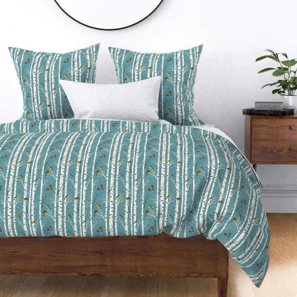 Premium Cotton Sateen Duvet Cover King/California King - Teal Woodland Birds Winter Snow Holiday Design | Christmas Seasonal Bedding for Kids Room & Cozy Bedroom Decor
