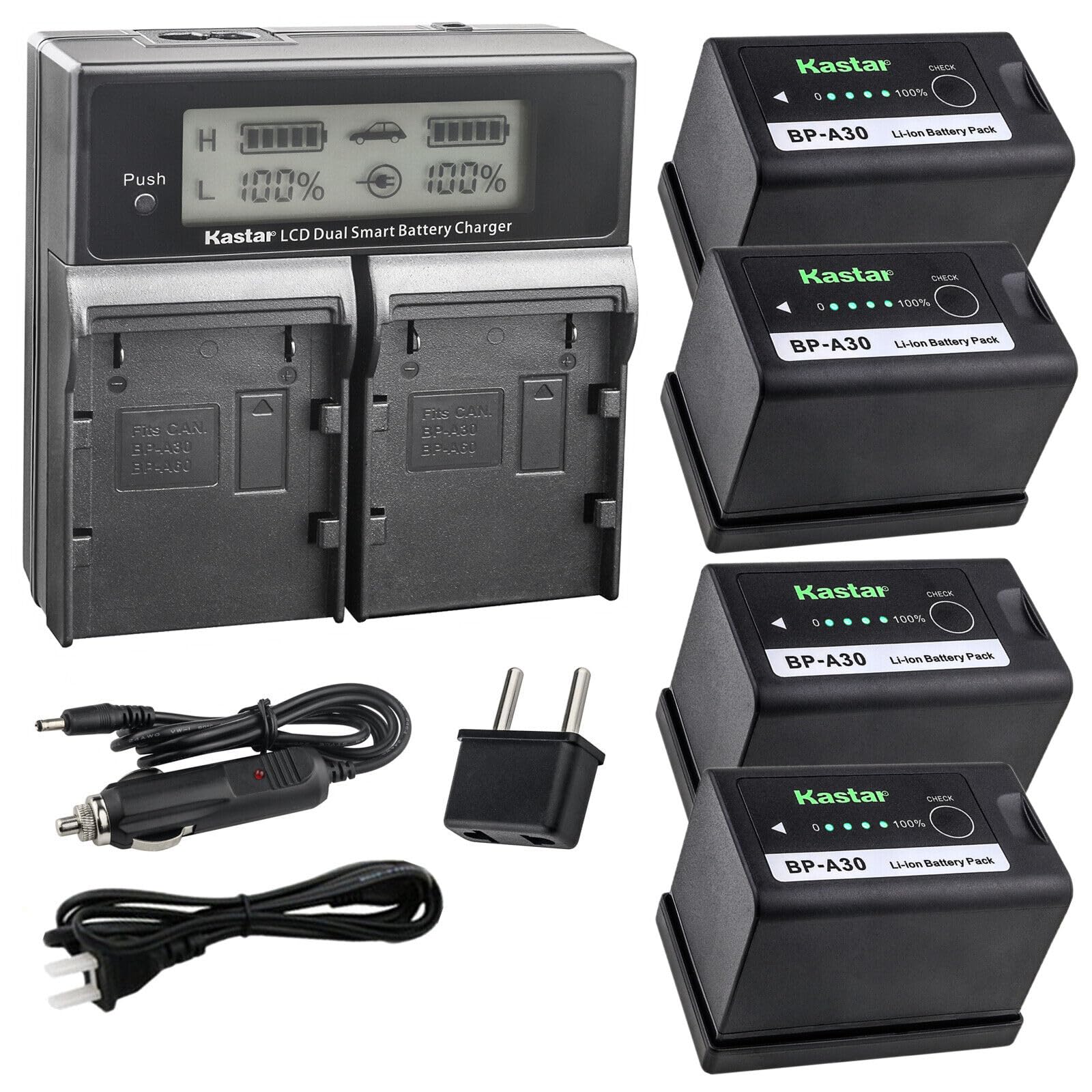 Kastar 4-Pack BP-A30 Battery & AC LCD Dual Fast Charger for Canon EOS C300 Mark III, C500 EF Mount & PL Mount 4K Cinema Cameras - Professional Film Making & Video Production Power Solution