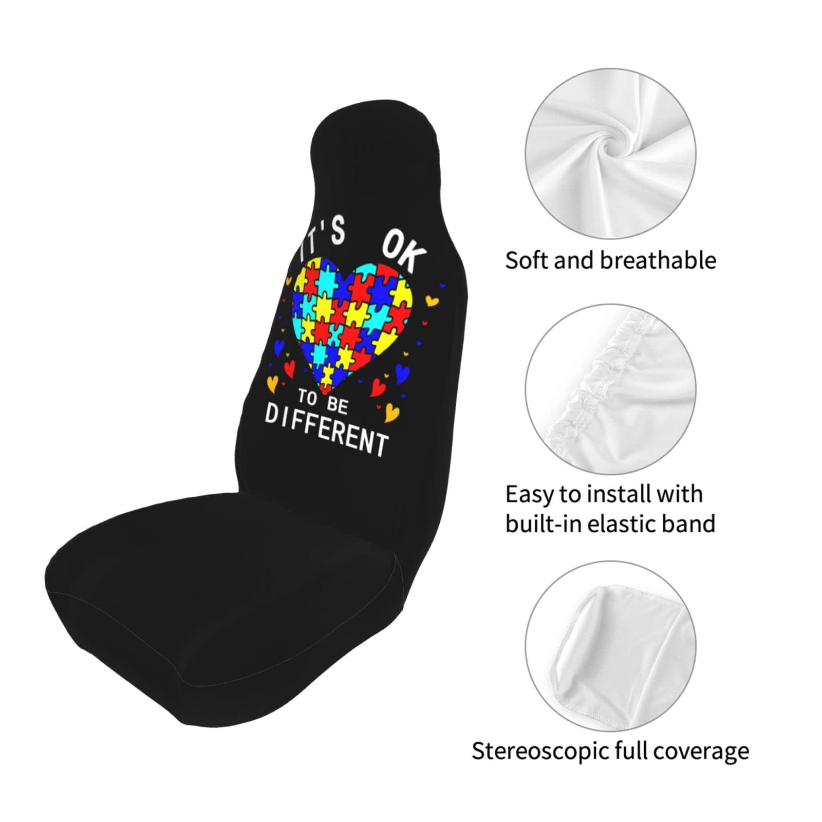 DARLEKS Autism Awareness Car Seat Cover - 'It's Ok to Be Different' Pattern, Universal Fit for Cars, Trucks, Vans & SUVs (2-Piece Set) | Interior Protection & Style Accessory for Daily Commutes, Road Trips & Family Travel