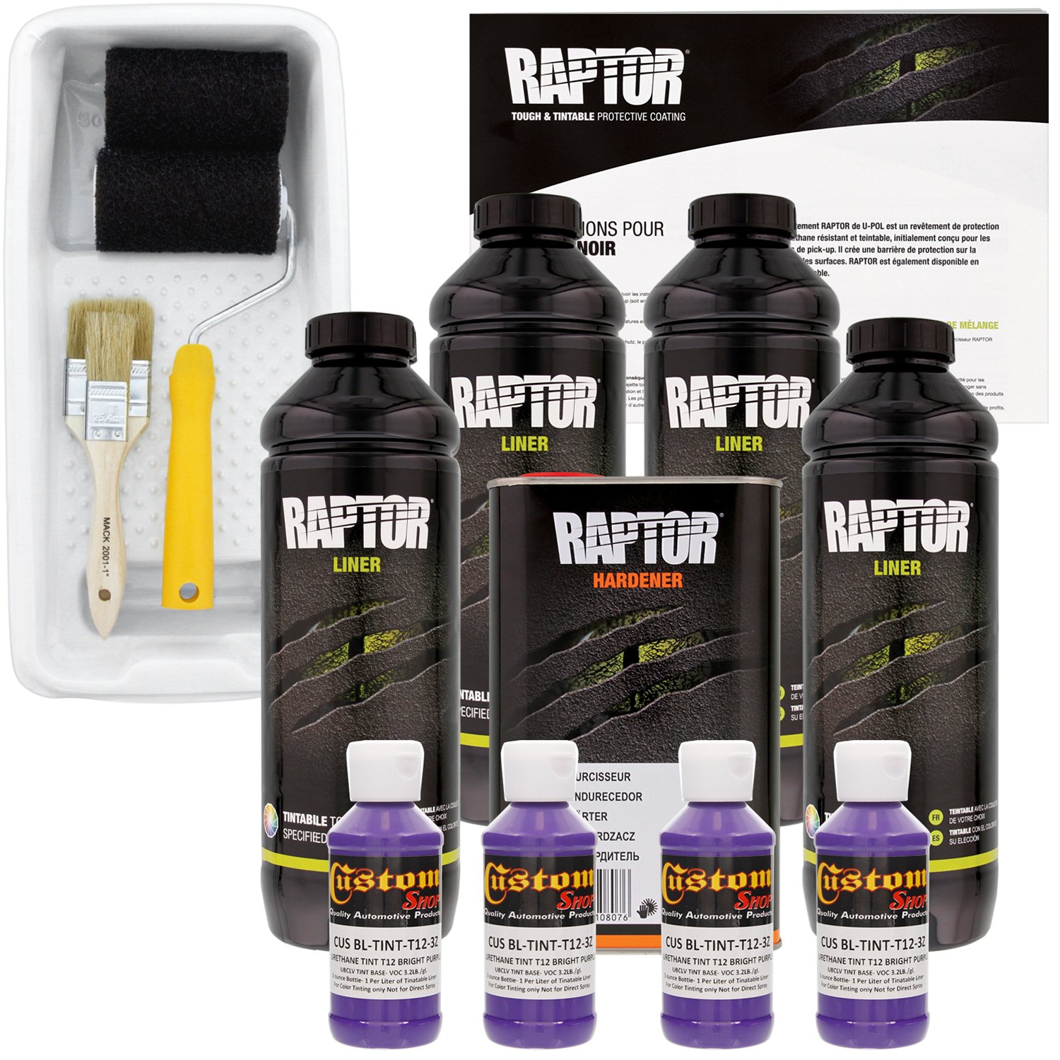 U-POL Raptor Bright Purple Urethane Truck Bed Liner Kit - 4 Liters with Spray Gun, Roller, Tray & Brush | Durable Protective Coating for Pickup Trucks, Trailers & Off-Road Vehicles | DIY Application for Automotive & Marine Surfaces