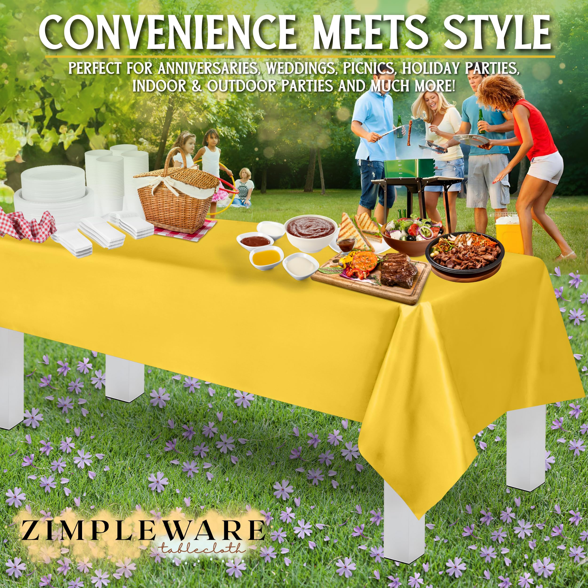 Premium Yellow Disposable Plastic Tablecloth (12 Pack) - 54x108 Inch Rectangle Plastic Table Cover for 6-8ft Tables - Ideal for Parties, Picnics, BBQs & Outdoor Events