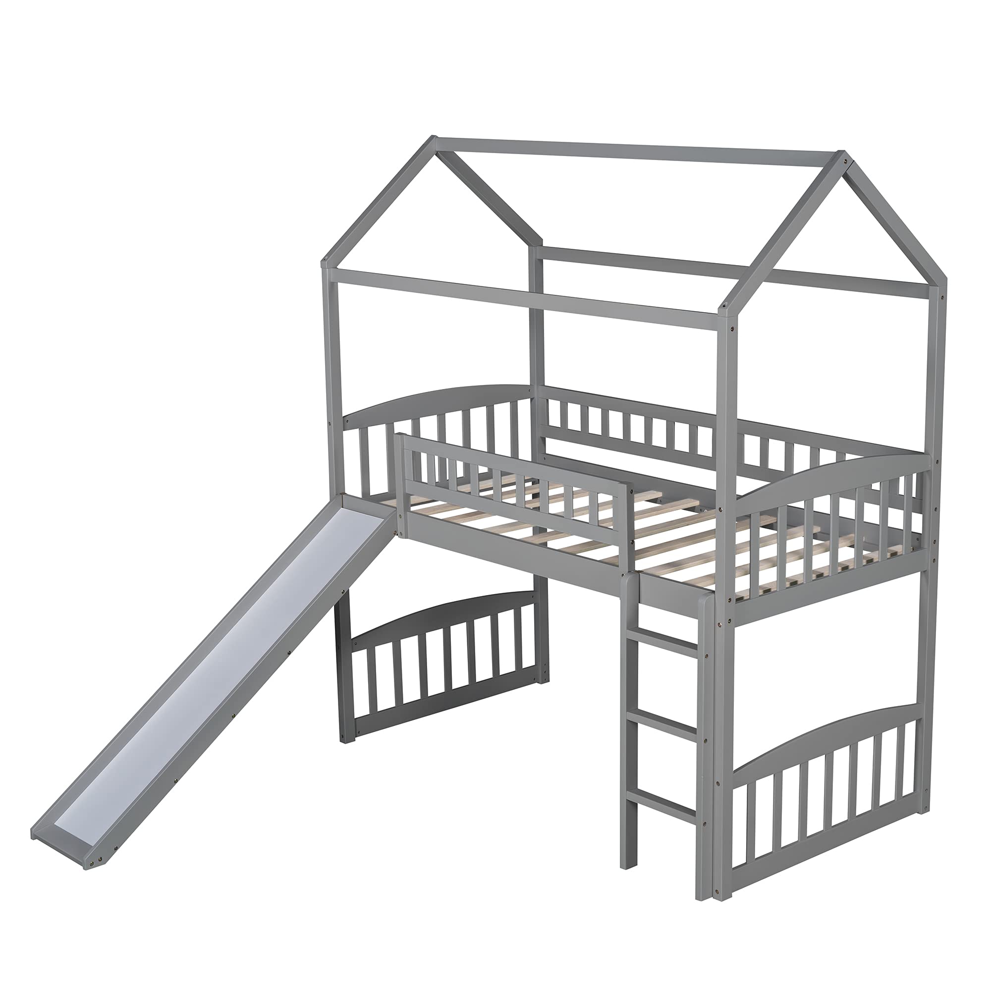 Kids Wooden Loft Bed with Slide & Ladder - Twin Size House-Shaped Frame with Roof & Guardrails for Boys & Girls - No Box Spring Needed (Gray) - Perfect for Bedroom, Playroom & Small Spaces