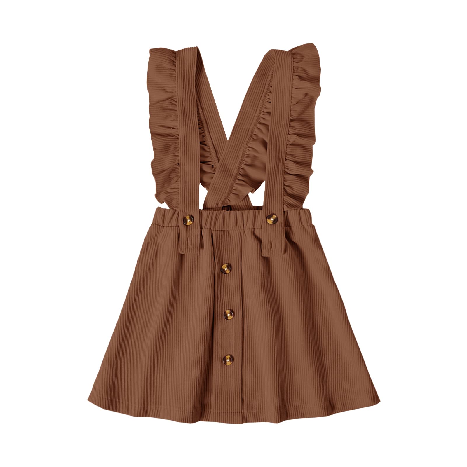 Girls' Button Front Ruffle Dress with Criss Cross Back & Elastic Waist - Cute Solid Overall Suspender Skirt for School, Parties & Special Occasions