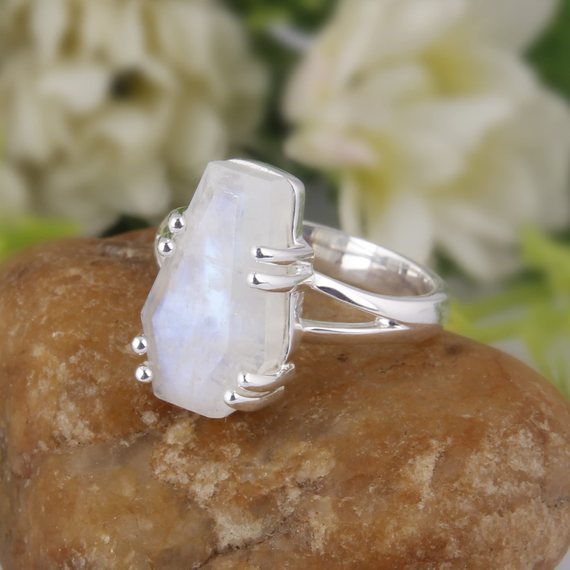 Natural Rainbow Moonstone Coffin Ring - 925 Sterling Silver Boho Statement Ring for Women, Handmade Promise Band Jewelry Gift for Mom, Wife, Girlfriend - Perfect for Weddings, Anniversaries & Special Occasions