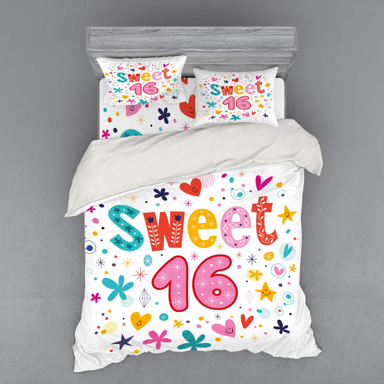 Ambesonne 16th Birthday Bedding Set - Vintage Floral Heart Dots Design 4-Piece Queen Size Duvet Cover with Shams & Fitted Sheet - Perfect for Sweet 16 Parties & Teen Bedroom Decor