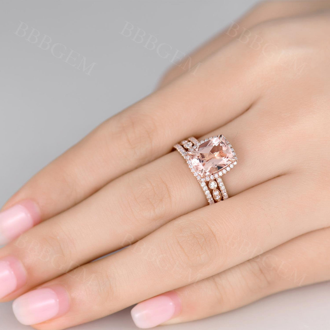 10x8mm Cushion Cut Natural Morganite Engagement Ring Set - 3 Piece Wedding Band Collection for Brides, Promise Rings & Anniversary Gifts | Perfect for Proposals, Valentine's Day & Special Occasions