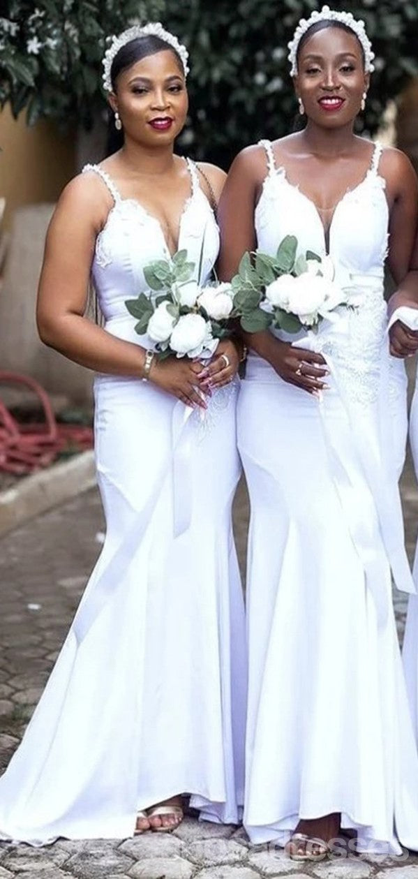 Elegant White V-Neck Mermaid Bridesmaid Dress with Spaghetti Straps - WG1061 | Perfect for Weddings, Prom & Formal Events