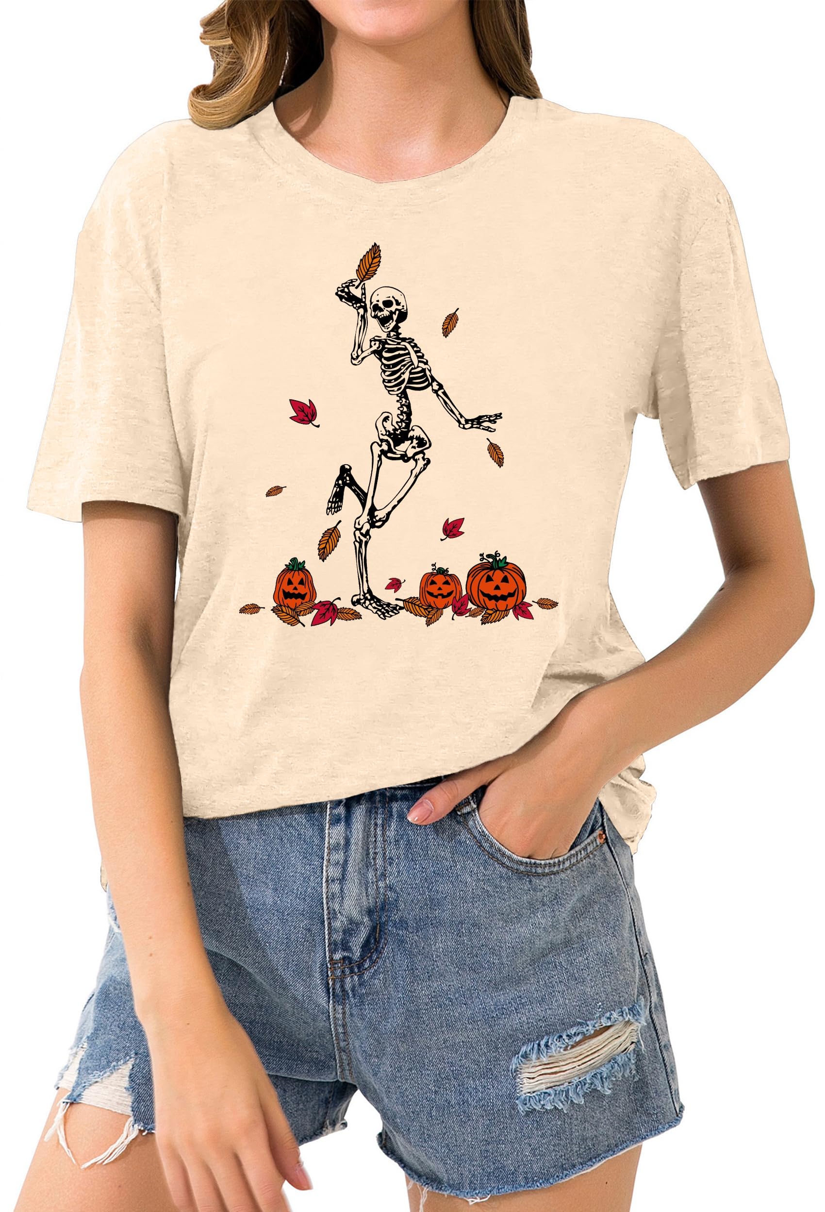 Women's Happy Halloween Dancing Skeleton T-Shirt - Fall Skull Graphic Tee Top Blouse Gift for Parties & Costume Events