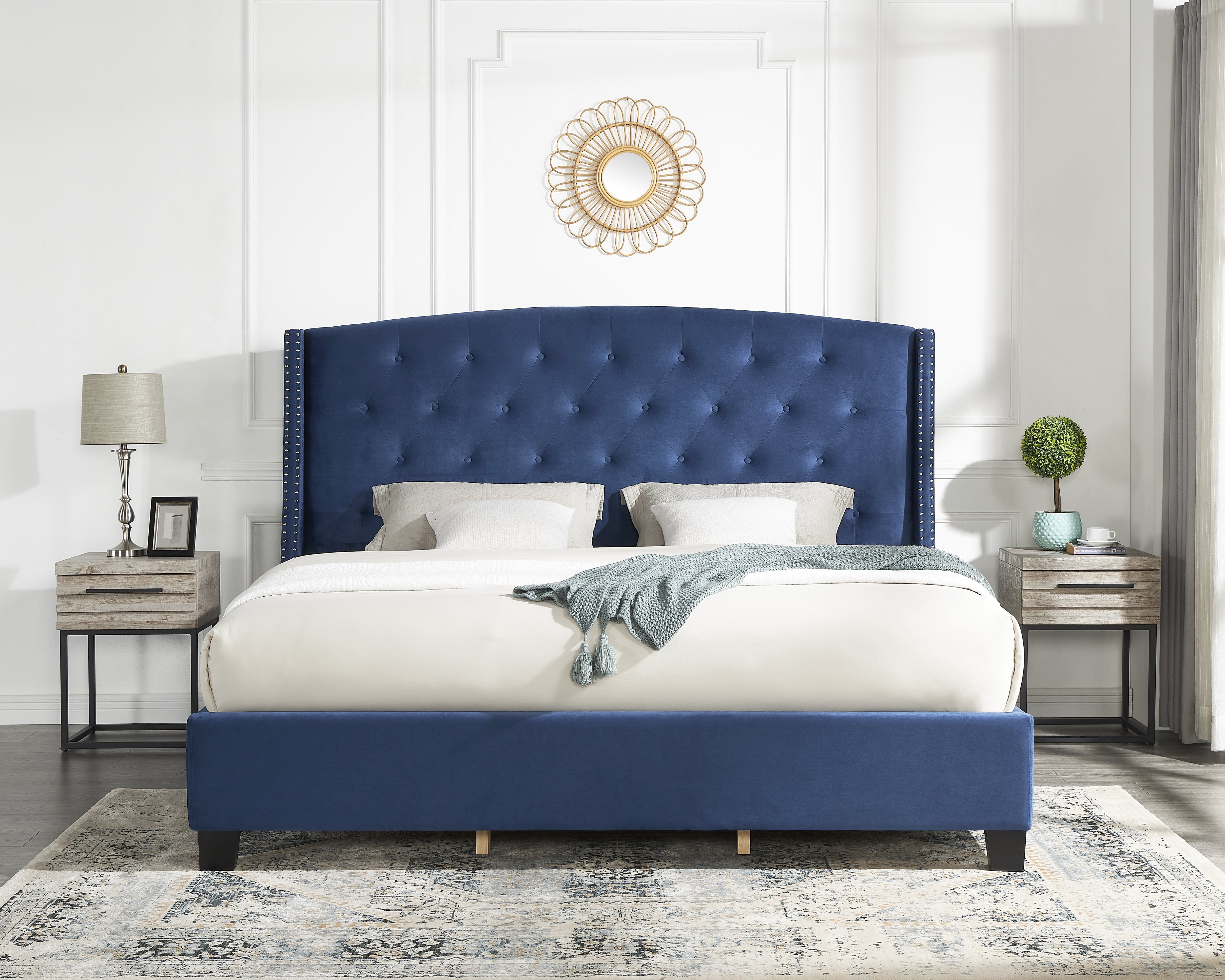 Roundhill Furniture Fentina 3-Piece Upholstered Bedroom Set - Tufted Velvet Wingback Queen Bed with 2 Nightstands for Luxurious Master Bedroom Decor | Perfect for Modern & Classic Home Interiors