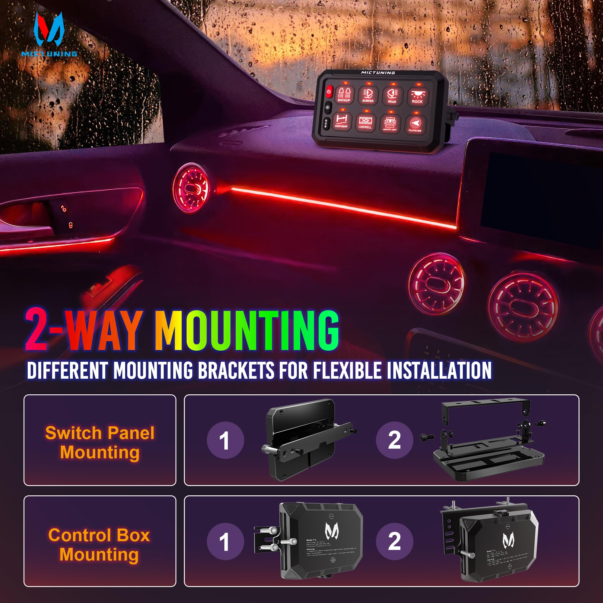 MICTUNING Upgraded P1s-X RGB 5 Inch 8 Gang Switch Panel - Multifunction Toggle Momentary Strobe Pulsed Switch Pod with 5-Level Brightness Control | Circuit Relay System Box for Truck, RV, Offroad Vehicles | Perfect for Custom Lighting & Accessory Control in Automotive Applications