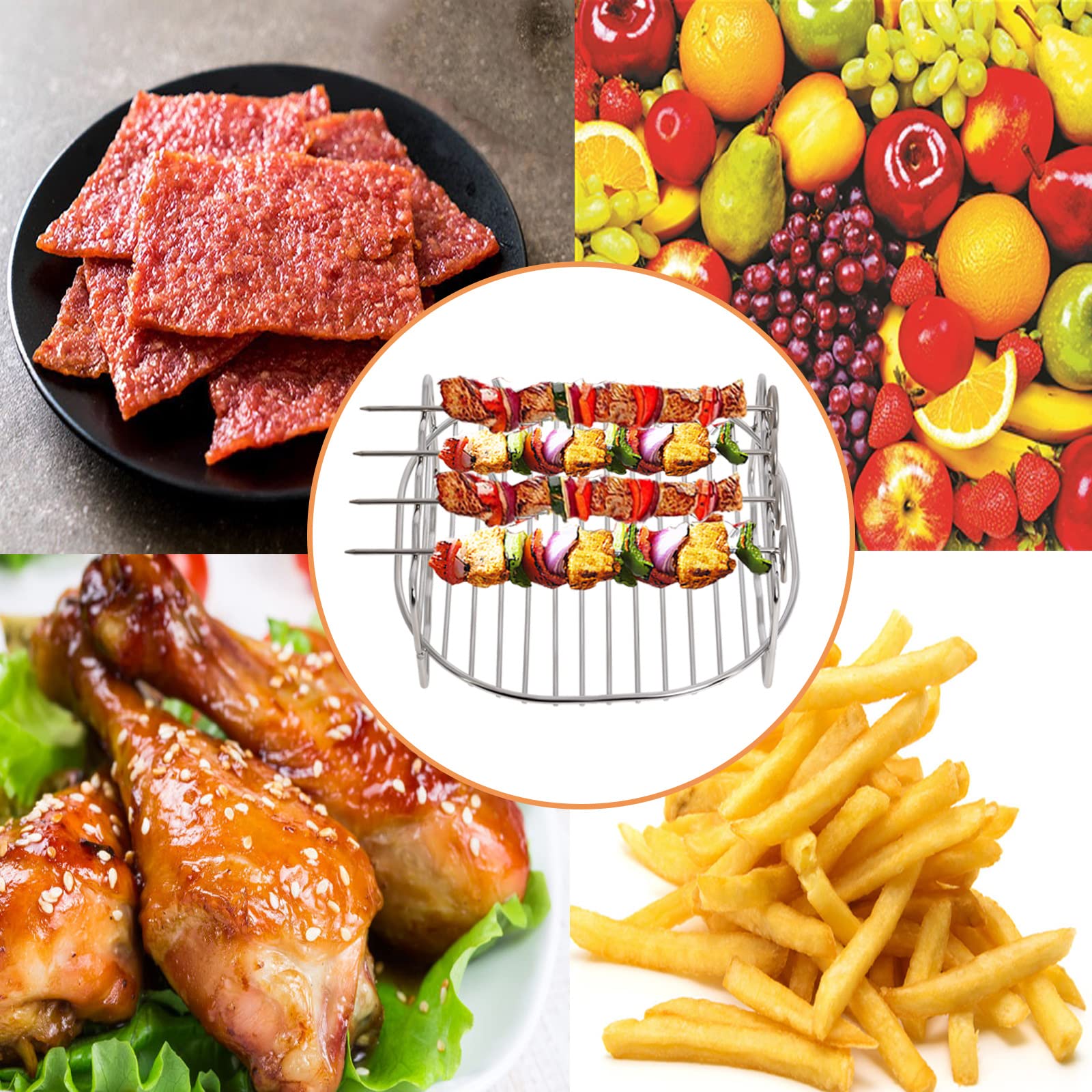 Universal Air Fryer Rack - 304 Stainless Steel Double Layer with 4 Skewers - Compatible with Tefal 4.2L, Cosori 3.5L/3.8L, Salter 4.5L, Tower 4L, Ninja 3.8L & Philips 4.1L Air Fryers - Perfect for Cooking Chicken Wings, Kebabs and Vegetables