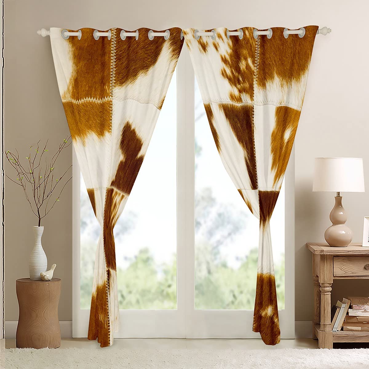 Brown Cow Print Window Curtains 2 Panels 38x45 Inches - Western Cowhide Patchwork Drapes for Farmhouse, Rustic Bedroom & Kids Room Decor | Farm Animal Themed Window Treatments for Boys, Girls & Adults | Perfect for Country Style Homes, Ranch Decor & Western Themed Nurseries