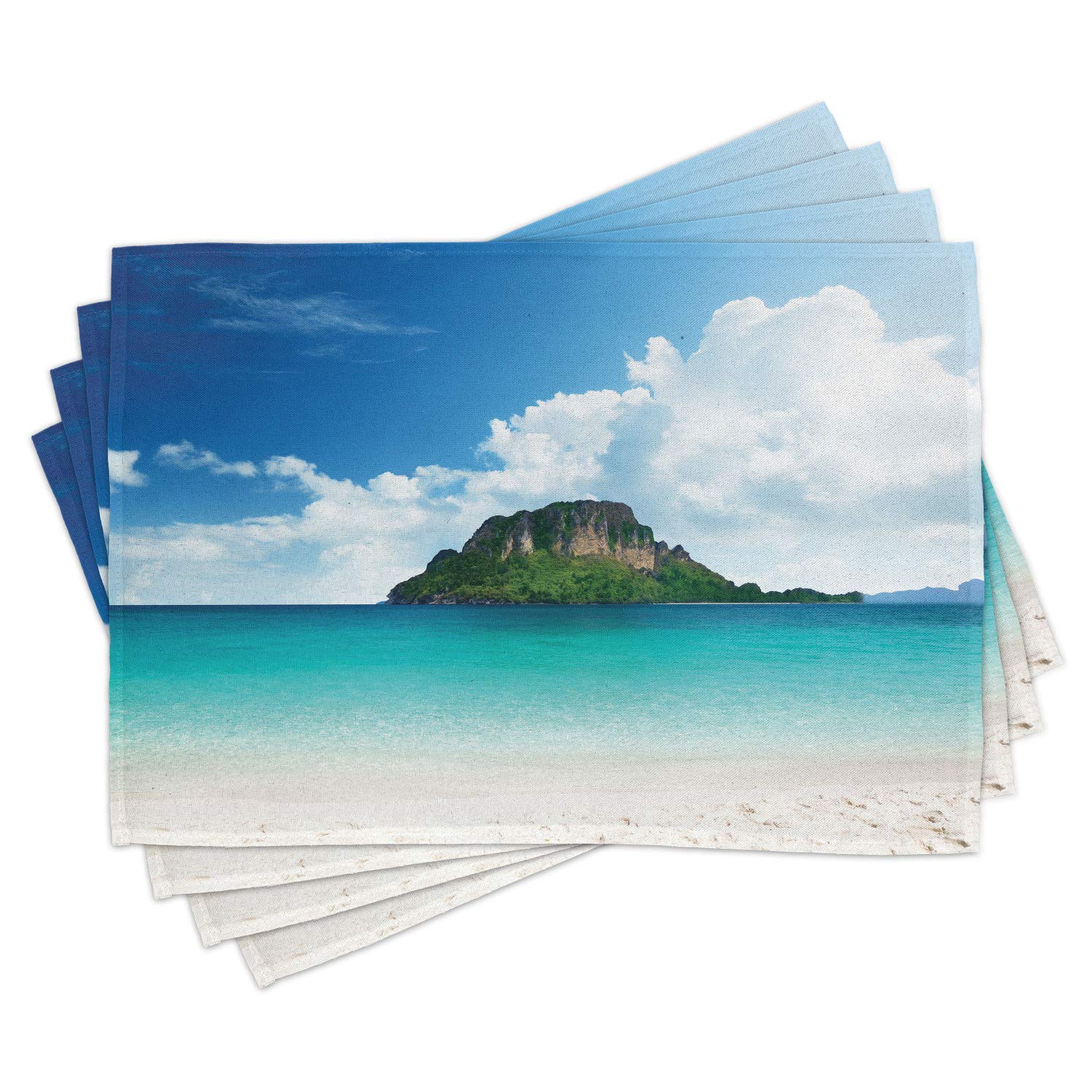 Ambesonne 4-Piece Island Place Mats Set – Thailand South Tropic Paradise Poda Island Photo Design, Washable Fabric Table Mats for Dining Room & Kitchen Decor in Blue White Cream – Perfect for Beach House, Tropical Theme Parties & Summer Dining