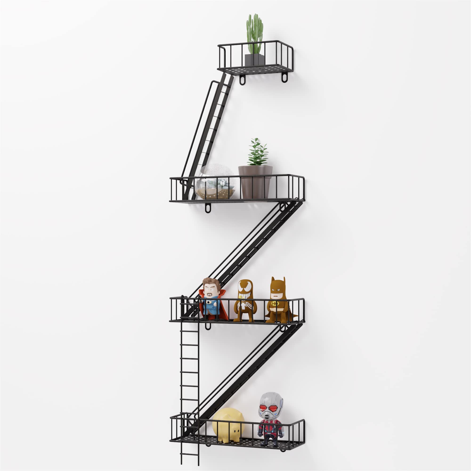 4 Tier Fire Escape Shelf - Modern Urban Style Decorative Wall Shelf, NYC Inspired Display & Planter Shelf, Rustic Floating Shelves for Home Office Living Room Bedroom - Easy Install Black Wall Decor for Plants Books Figurines