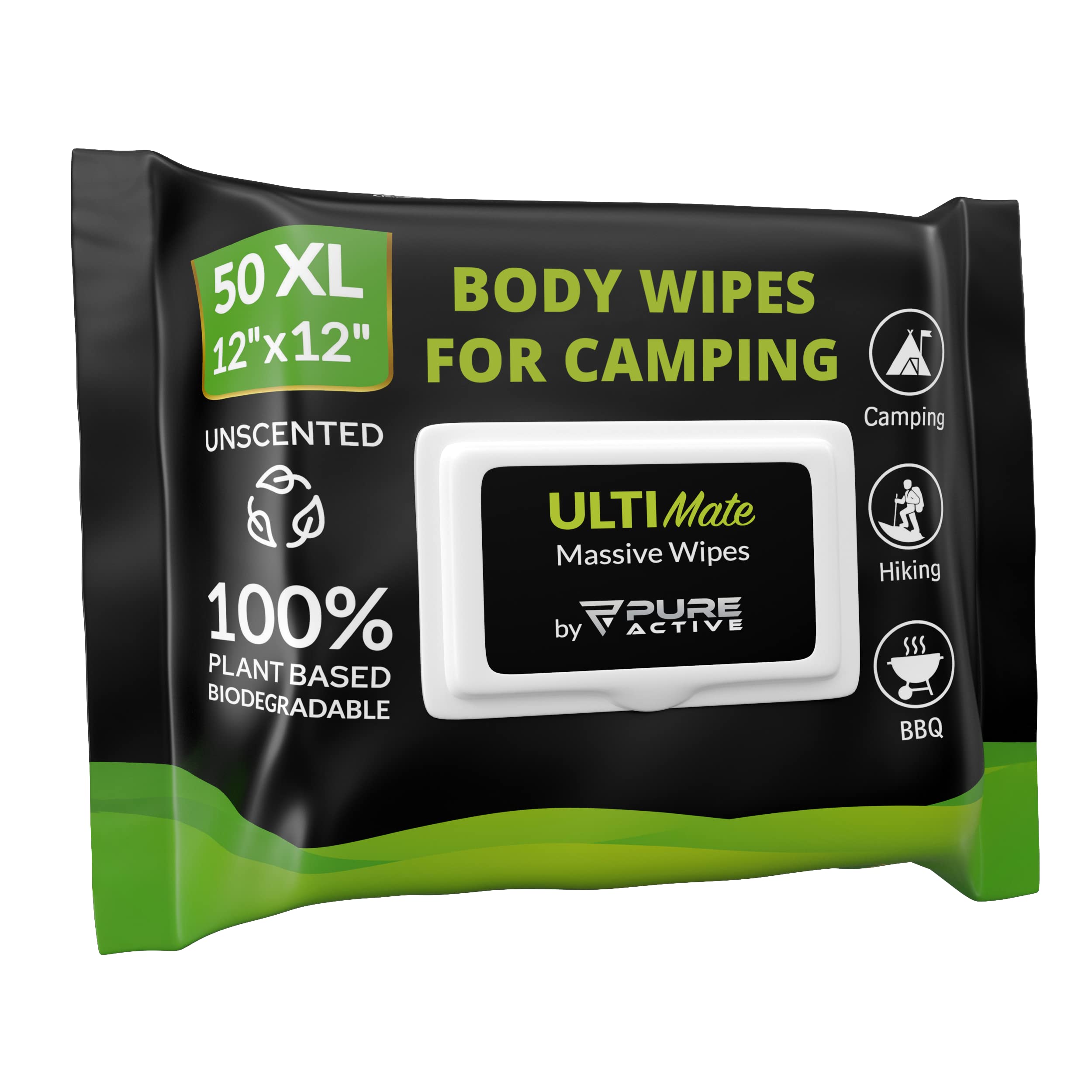 **50 Pack XXL Biodegradable Body Wipes for Camping & Travel - 12