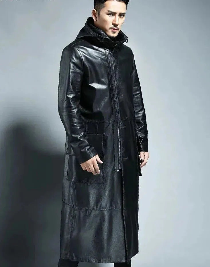 Men's Hooded Loose Fit Leather Overcoat Jacket - Stylish Winter Outerwear for Casual Wear & Outdoor Activities