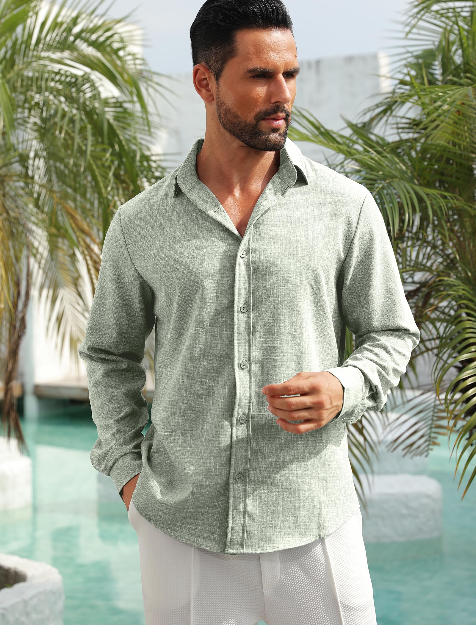 MAPICK Men's Linen Shirt - Long Sleeve Button Down Casual Dress Shirt for Beach Vacation & Fall Outfits - Breathable Summer & Autumn Tops for Work, Travel and Outdoor Activities