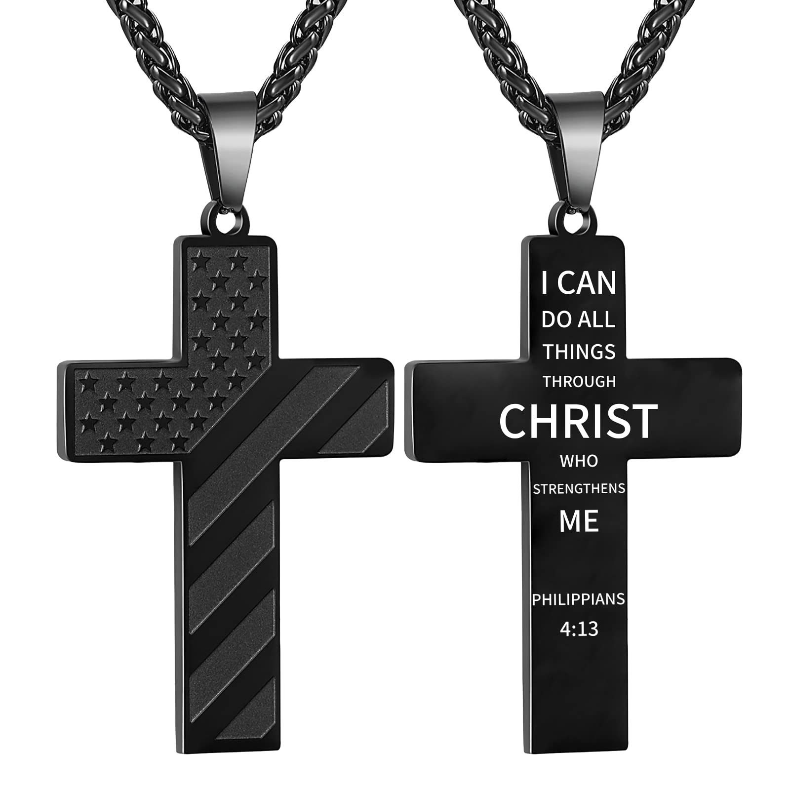 18+2 Inch Stainless Steel Cross Necklace with Bible Verse & American Flag Pendant - Religious Jewelry Gift for Men, Boys, Teens | Perfect for Easter, Graduation, Baptism & Daily Wear