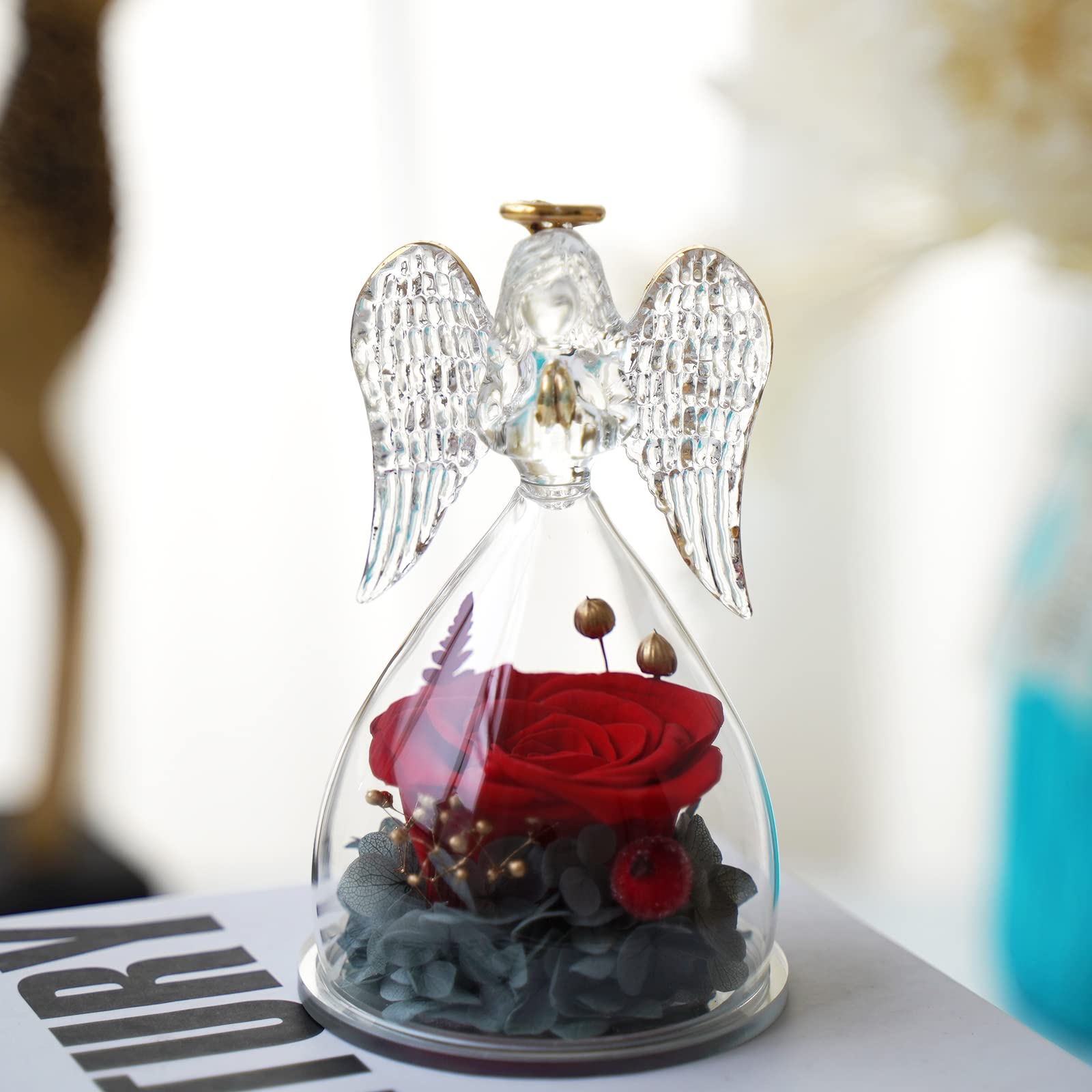Preserved Rose Gift for Mom - Angel Figurine with Eternal Flower, Perfect for Mother's Day & Birthdays