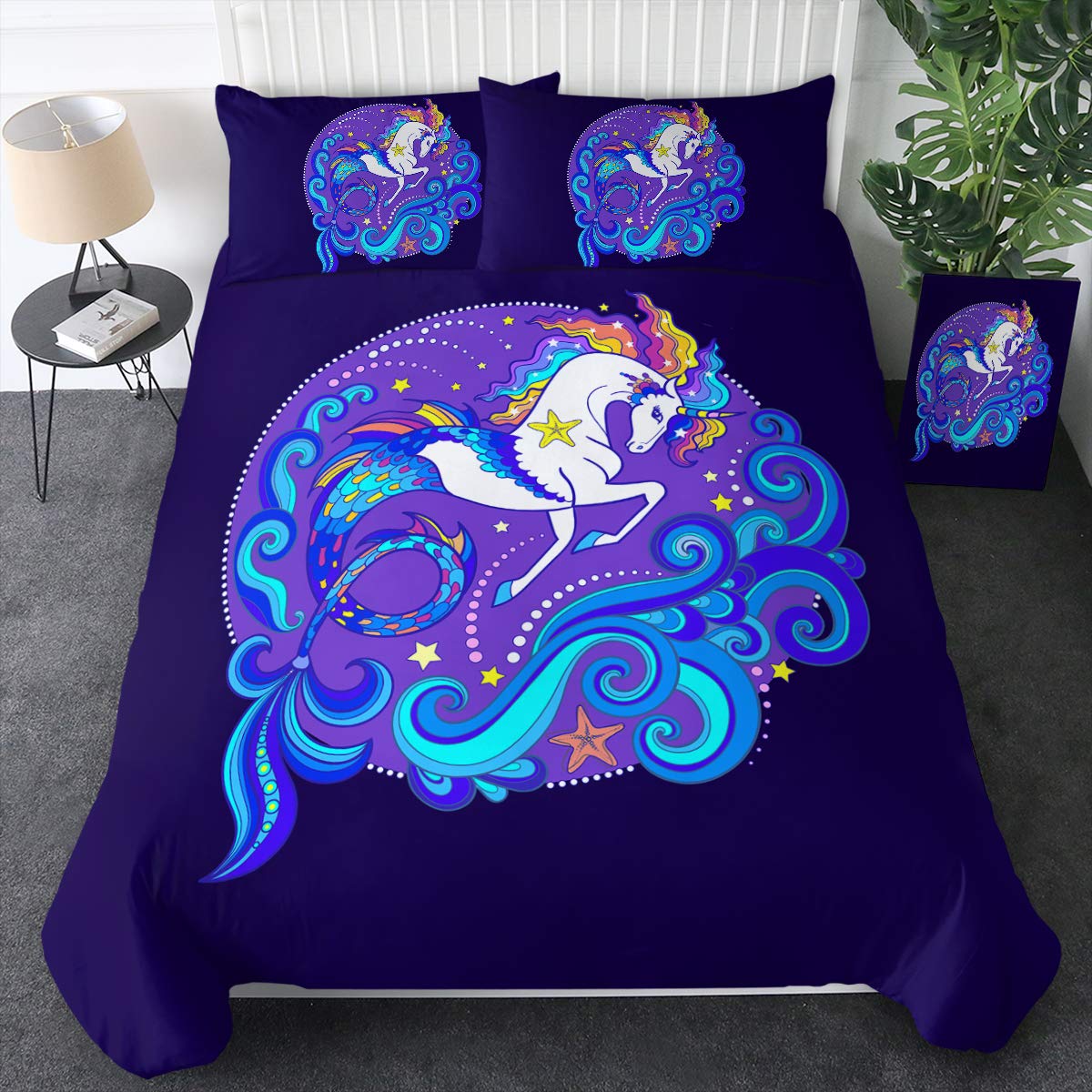 Sleepwish 3-Piece Purple Unicorn & Mermaid Scale Bedding Set for Kids & Teens - Twin Size Watercolor Unicorn Comforter Cover with 2 Pillowcases (King) | Soft Cartoon Duvet Cover in Teal Blue | Perfect for Girls' Bedrooms, Sleepovers & Fantasy-Themed Decor