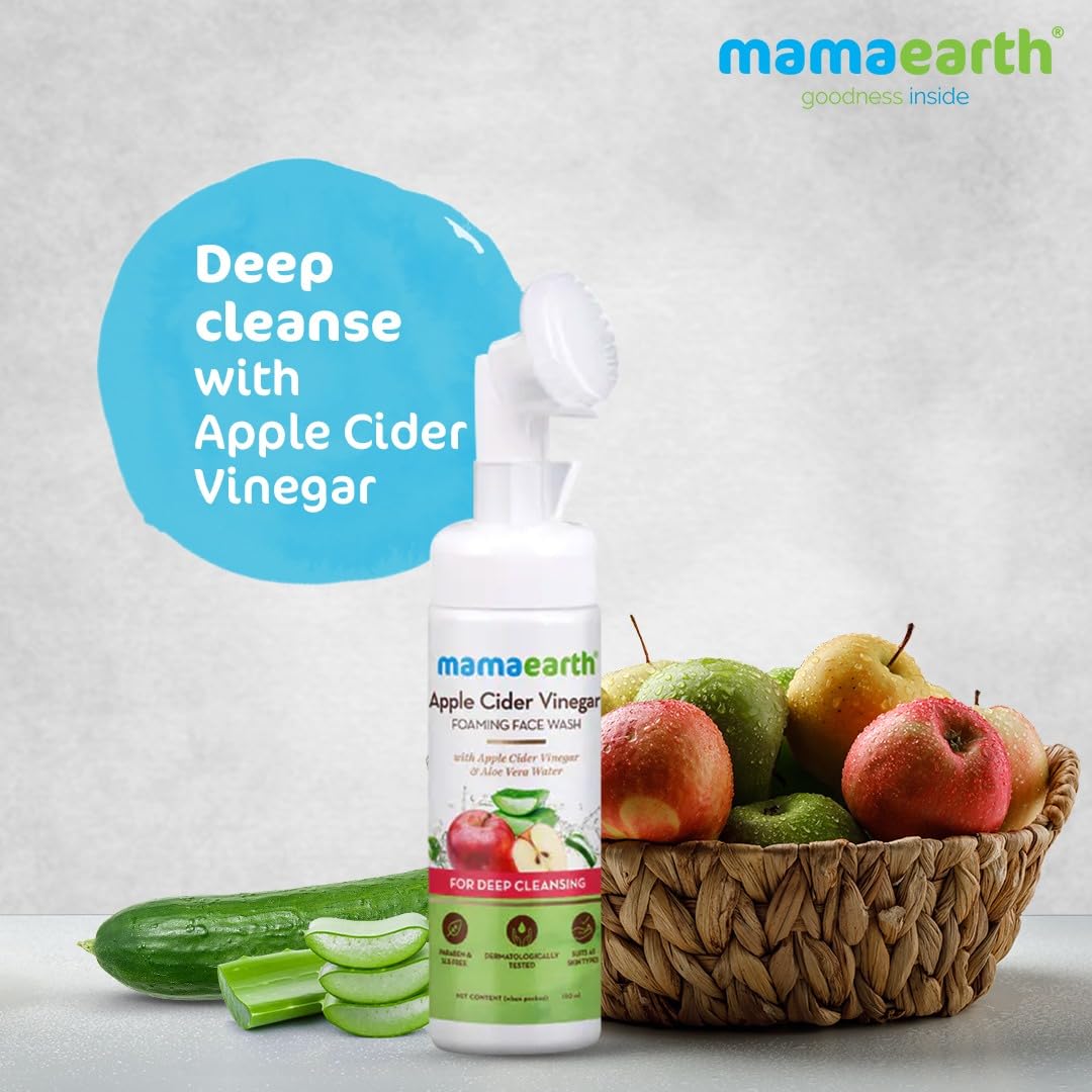 Mamaearth Apple Cider Vinegar Foaming Face Wash with Aloe Vera - Deep Cleansing Facial Cleanser with Brush for Acne, Blackheads & Oily Skin - 150ml | Gentle Daily Face Wash for Women & Men | Perfect for Morning & Night Skincare Routine