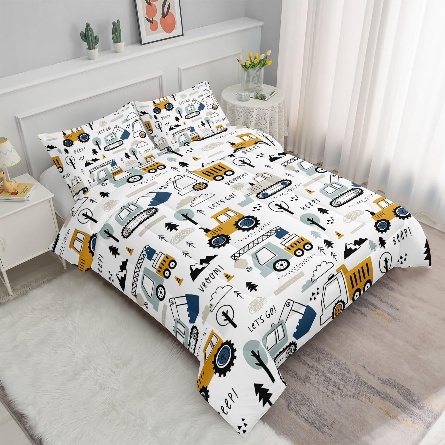 **Kids Construction Truck Bedding Set - Excavator & Bulldozer Themed Twin Comforter with 2 Pillowcases, Fun Cartoon Design for Boys & Girls - Perfect for Themed Bedrooms, Playrooms & Gift Giving**