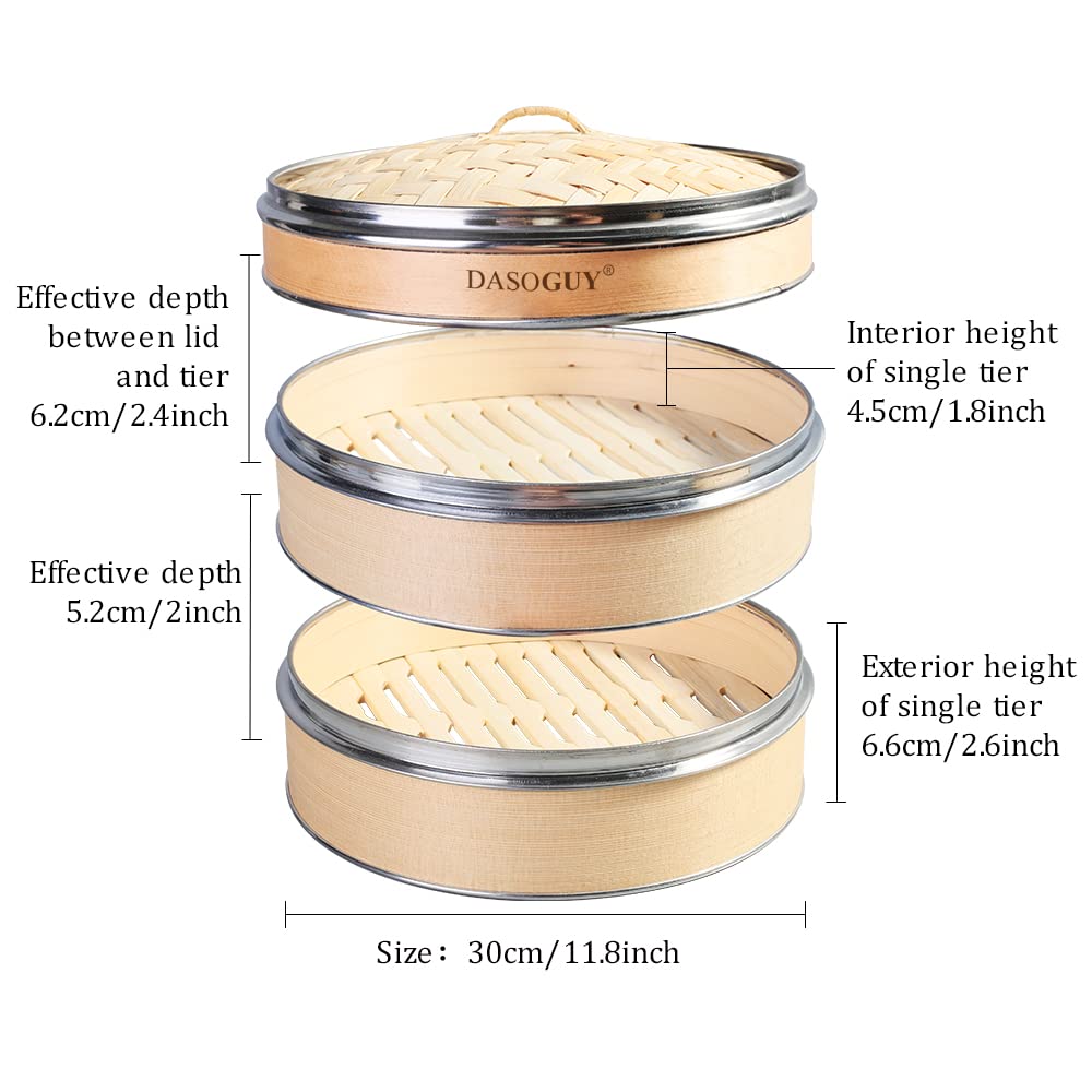 11.8 Inch Handmade Bamboo Steamer with Stainless Steel Rings - 3 Tier Stackable Dumpling Steamer Basket for Dim Sum, Buns & Rice | Includes Chopsticks & Cotton Liners | Perfect for Asian Cooking, Meal Prep & Party Serving