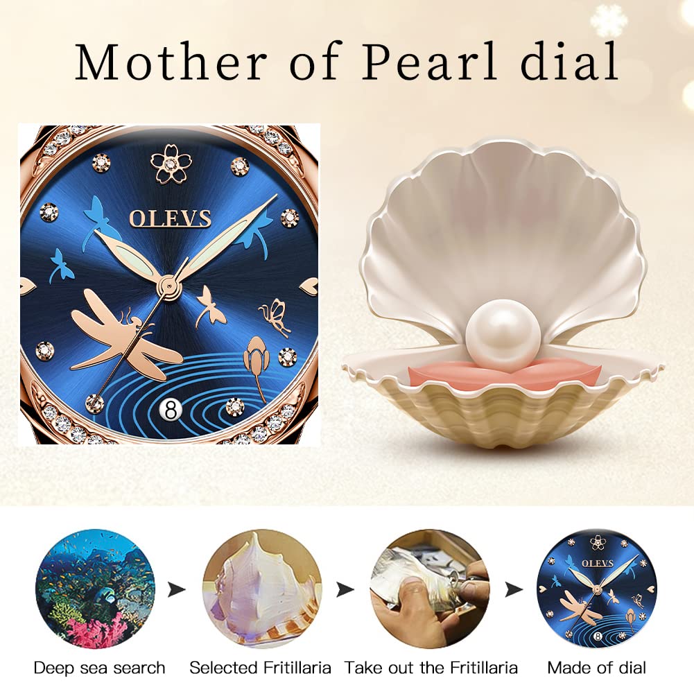OLEVS Women's Automatic Mechanical Watch with Diamond Heart Dial, Rose Gold Ceramic Band, Waterproof & Luminous Date Display - Perfect for Daily Wear, Office, Dating & Special Occasions