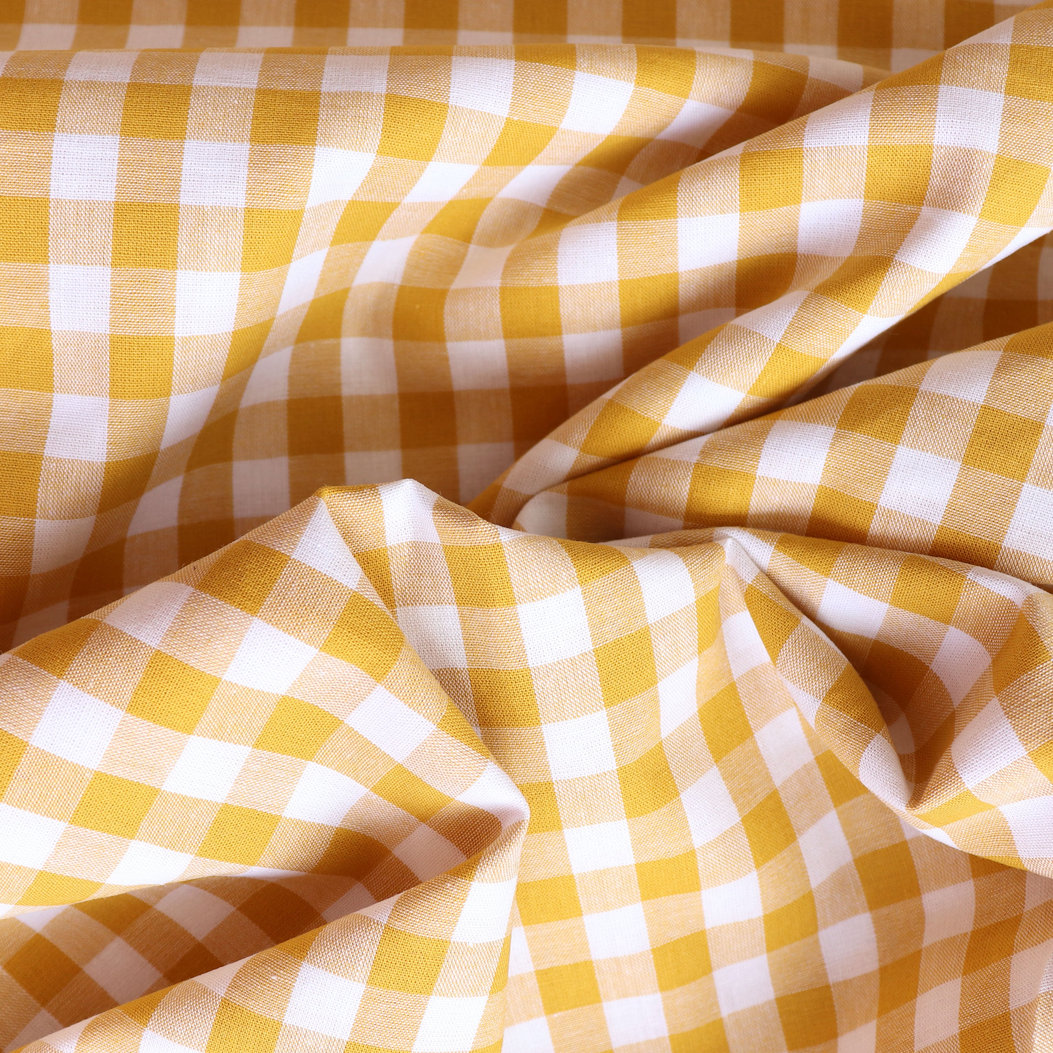 Premium Gingham Yarn-Dyed Cotton Fabric - Golden Yellow Checkered Pattern for DIY Crafts, Home Decor & Fashion Sewing Projects