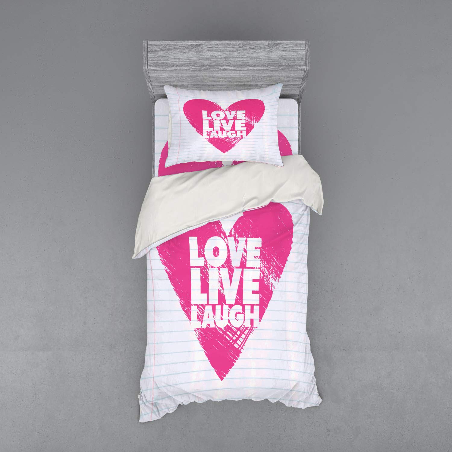 Ambesonne Live Laugh Love 3-Piece Twin Bedding Set - Hot Pink & White Duvet Cover with Sham and Fitted Sheet, Notebook Style Design with Giant Heart - Perfect for Teen Girls' Rooms, Dorm Decor, or Romantic Bedroom Makeover