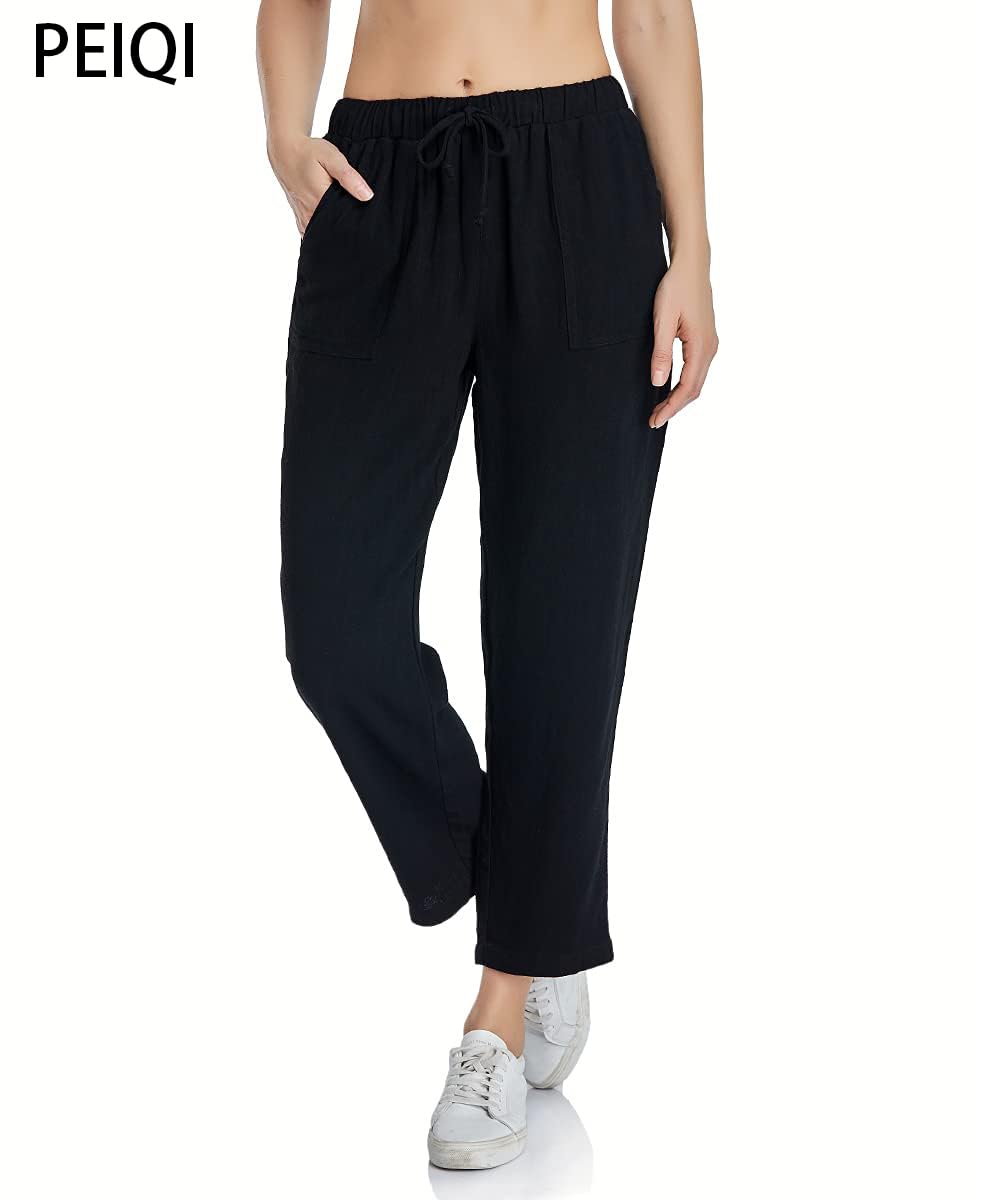 PEIQI Women's Linen Cropped Pants - Loose Fit Drawstring Elastic Waist Lounge Pants for Summer | Comfortable Casual Wear for Yoga, Beach, and Home Relaxation